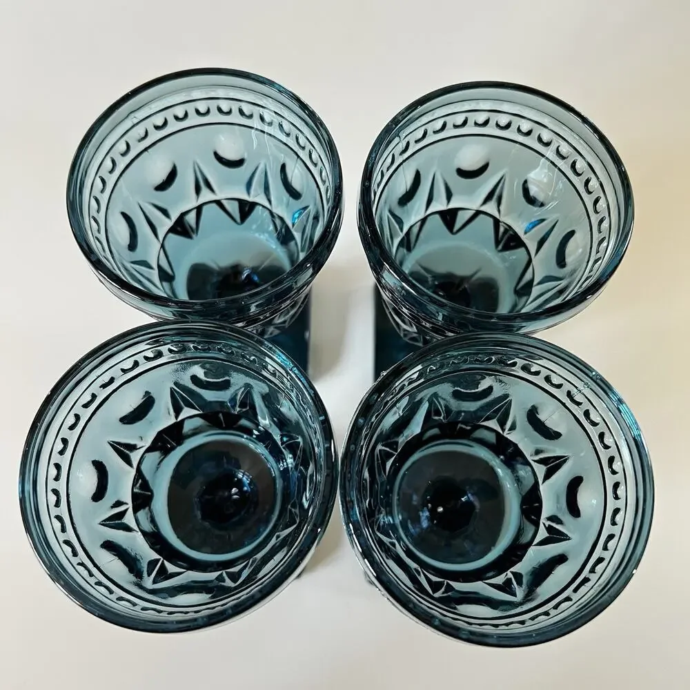 Indiana Glass Colony Park Lane Teal Blue Goblet Glass 4 1/2” Tall Vintage Set 4